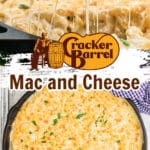 two images of a copycat cracker barrel mac and cheese recipe in a cast iron skillet.