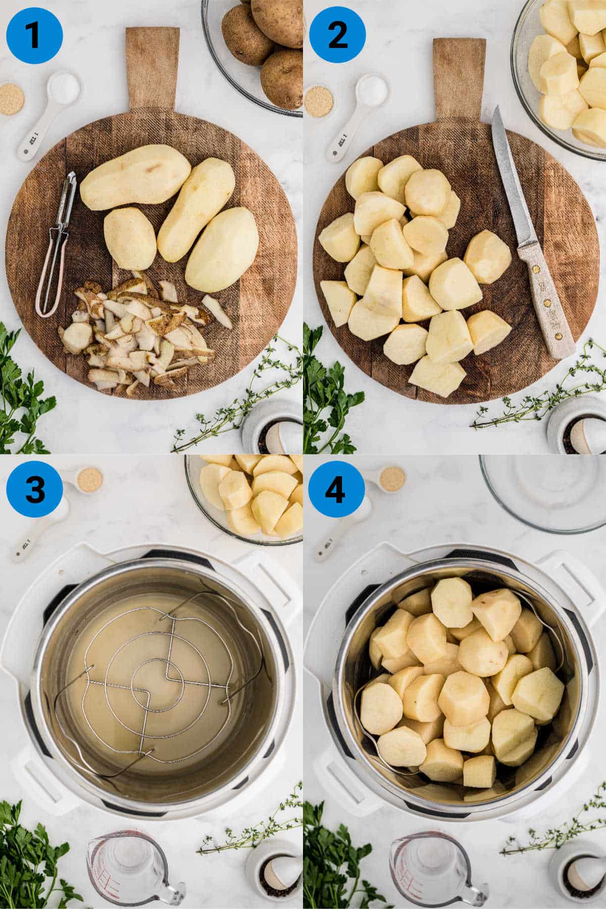 four images showing process steps how to make crispy instant pot potatoes