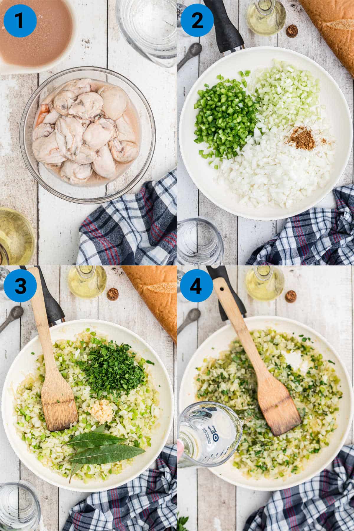 A collage of four images showing how to make oyster dressing.