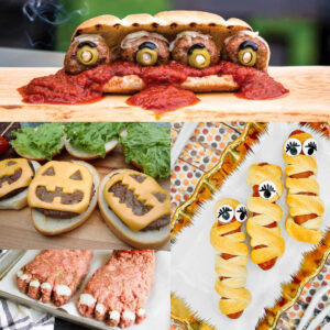 Collage of four images for Halloween BBQ food ideas
