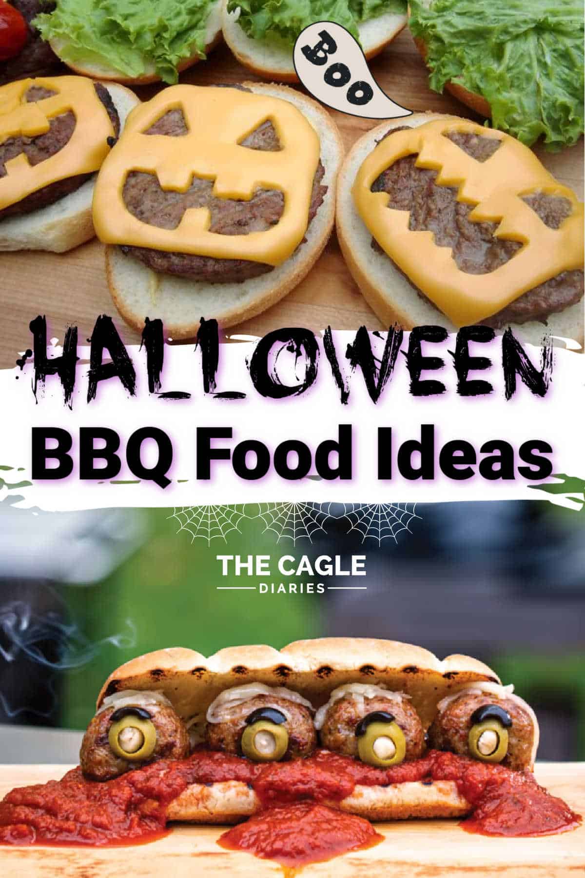 A collage of two images showing Halloween BBQ Food ideas.