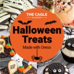 collage of four images of halloween treats made using oreos.