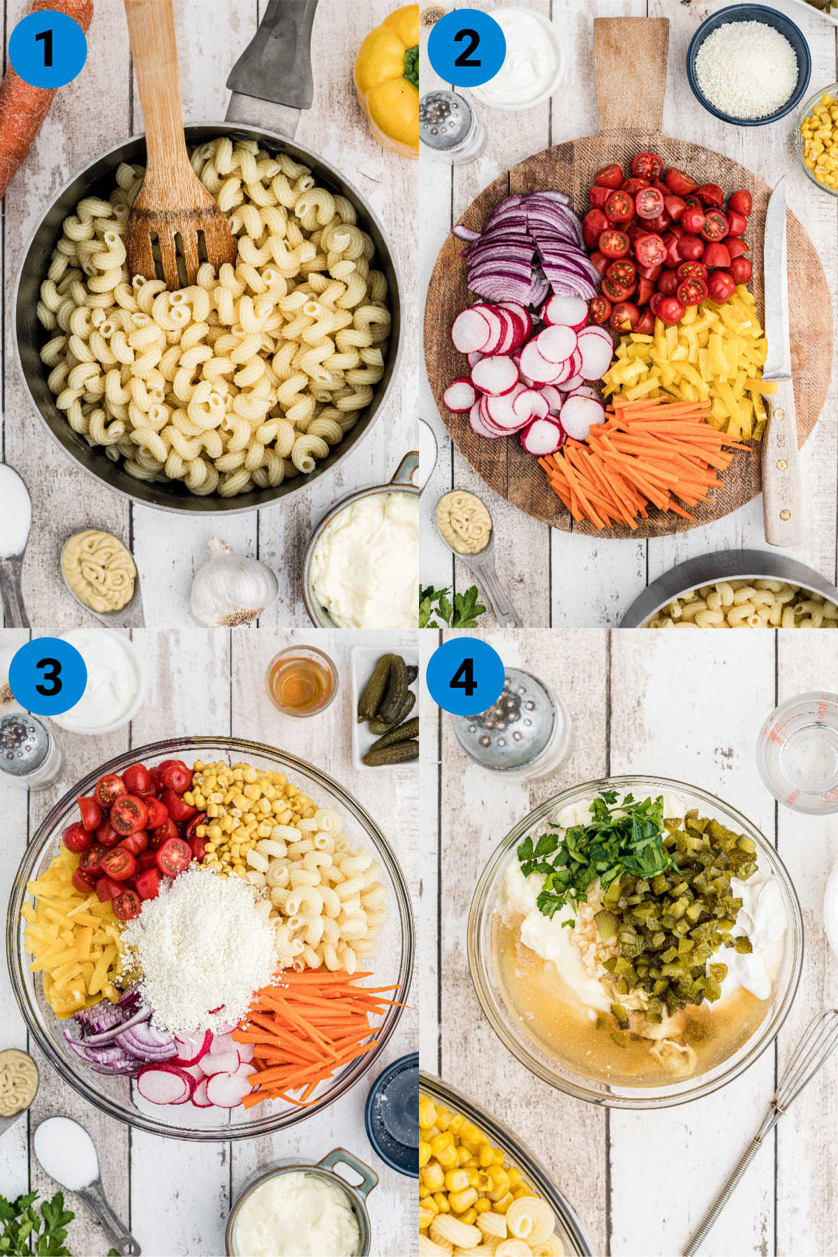 recipe steps showing how to make a summer pasta salad