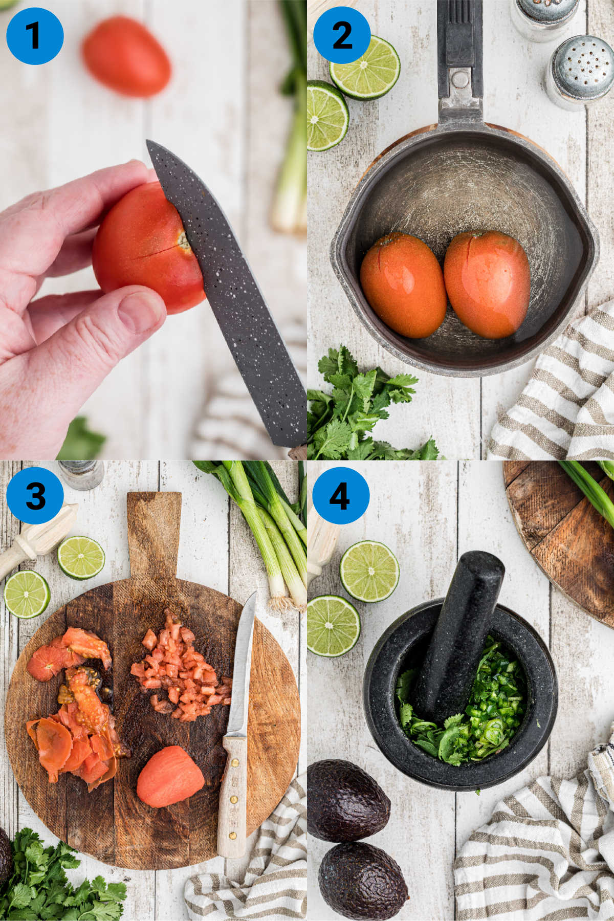 A collage of four images showing how to make a mortar and pestle guacamole.