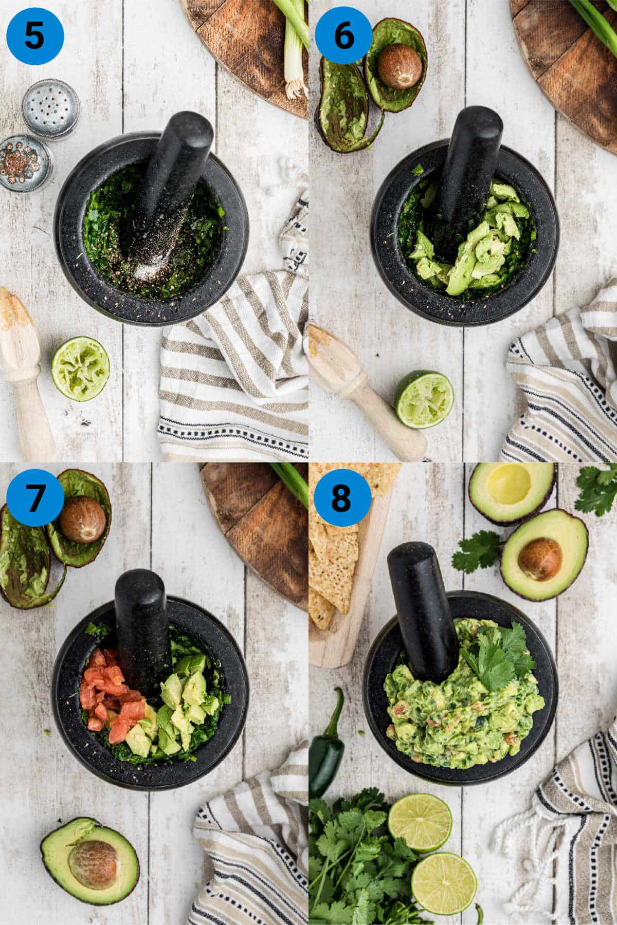 A collage of four images showing recipe steps for how to make a molcajete guacamole.