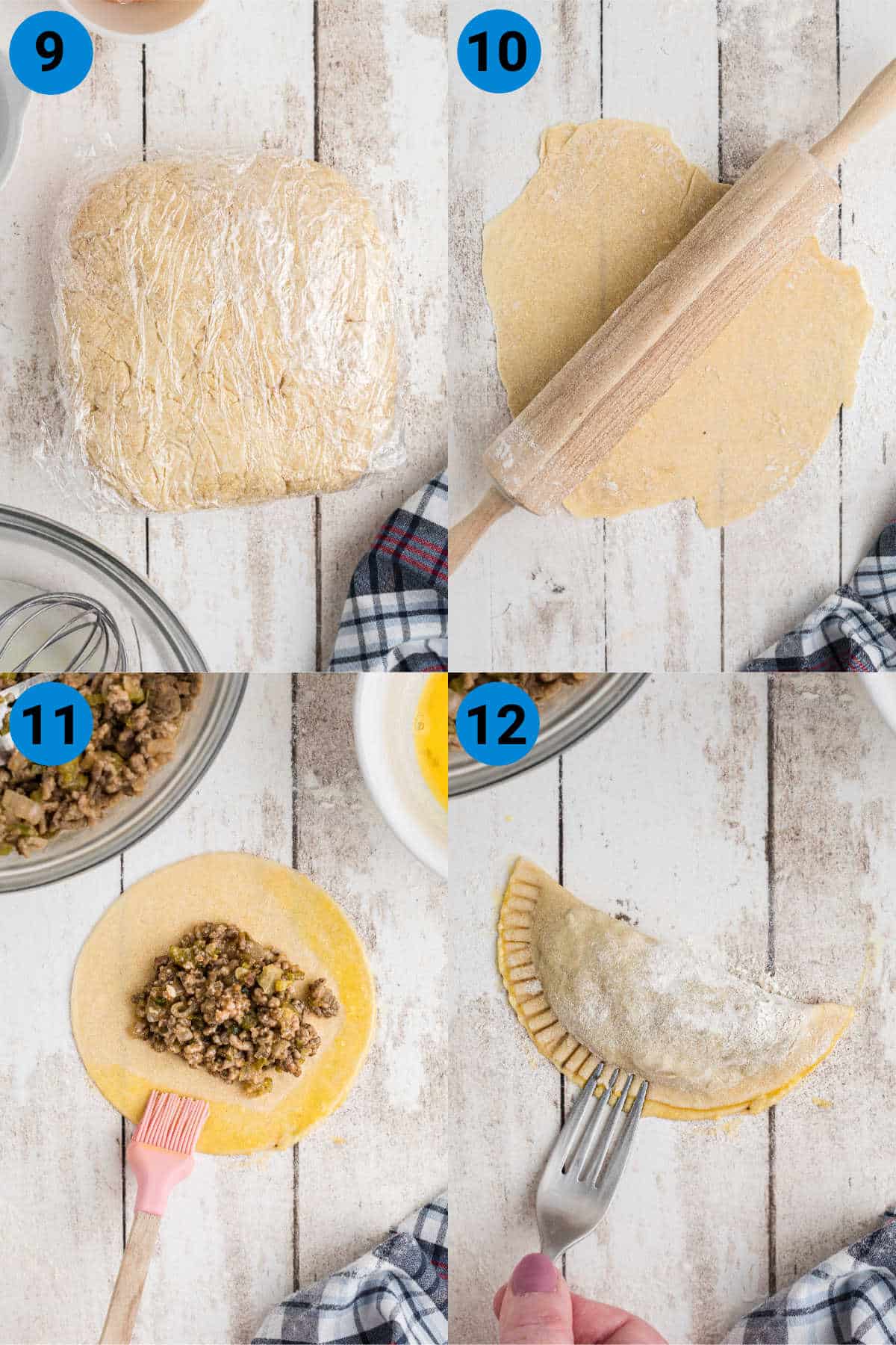 A collage of four images showing how to make Natchitoches Meat Pies, recipe steps 9-12.