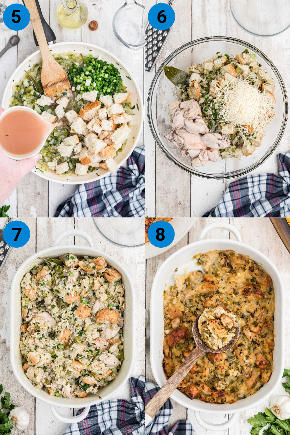 Four images showing how to make baked oyster dressing for Thanksgiving.