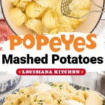 Two images of popeyes mashed potatoes ingredients being made into mashed potatoes.