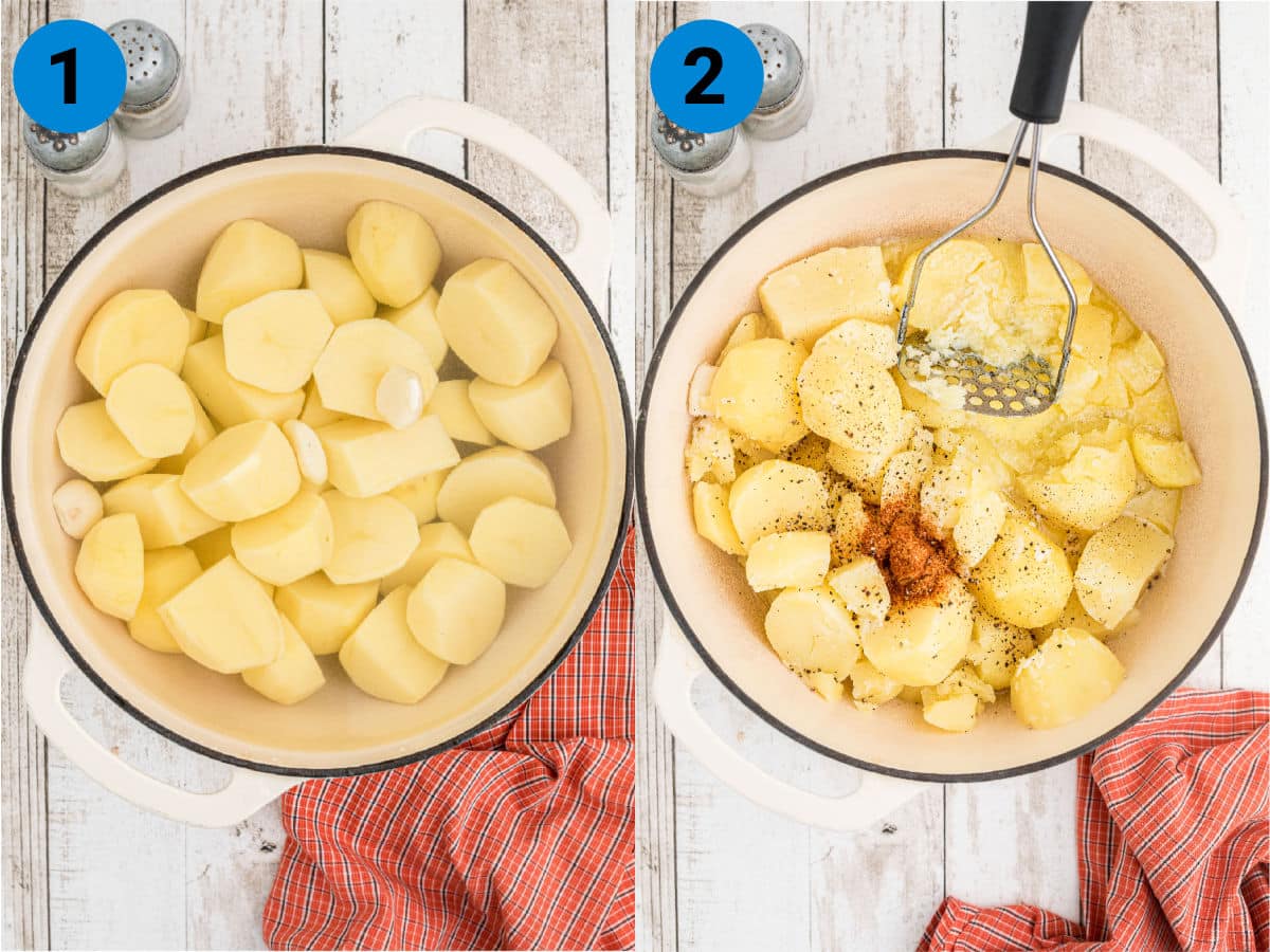 Two process images showing how to make popeyes mashed potatoes.