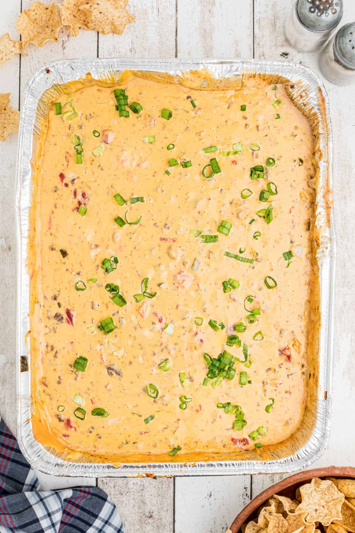 overhead shot of smoked queso dip cooked