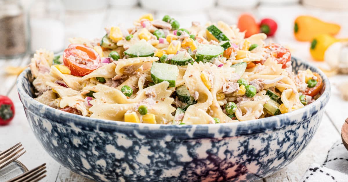 close up of a bowl of tuna pasta salad