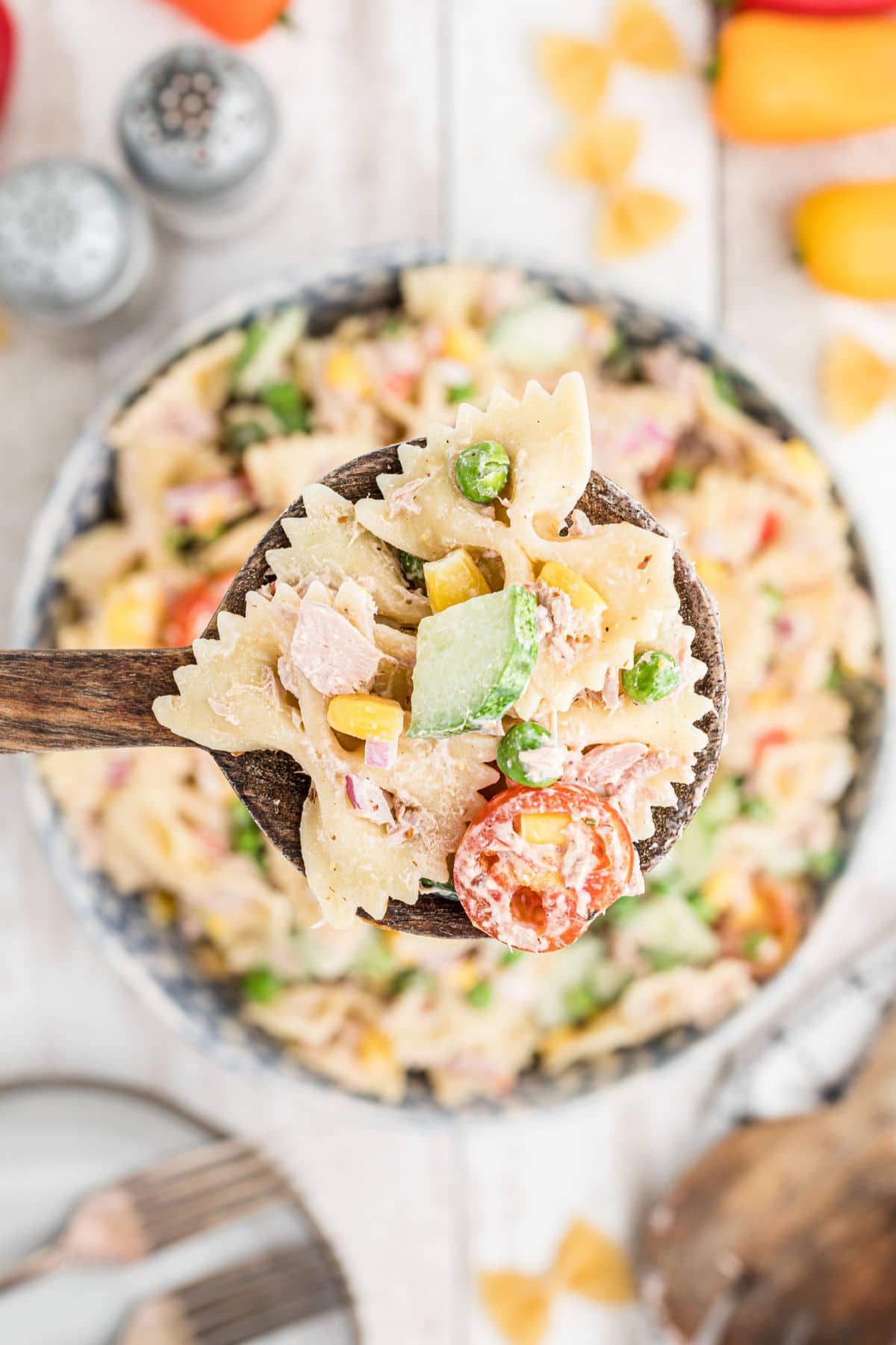 spoon full of tuna pasta salad