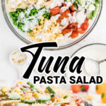 2 images showing a tuna pasta salad