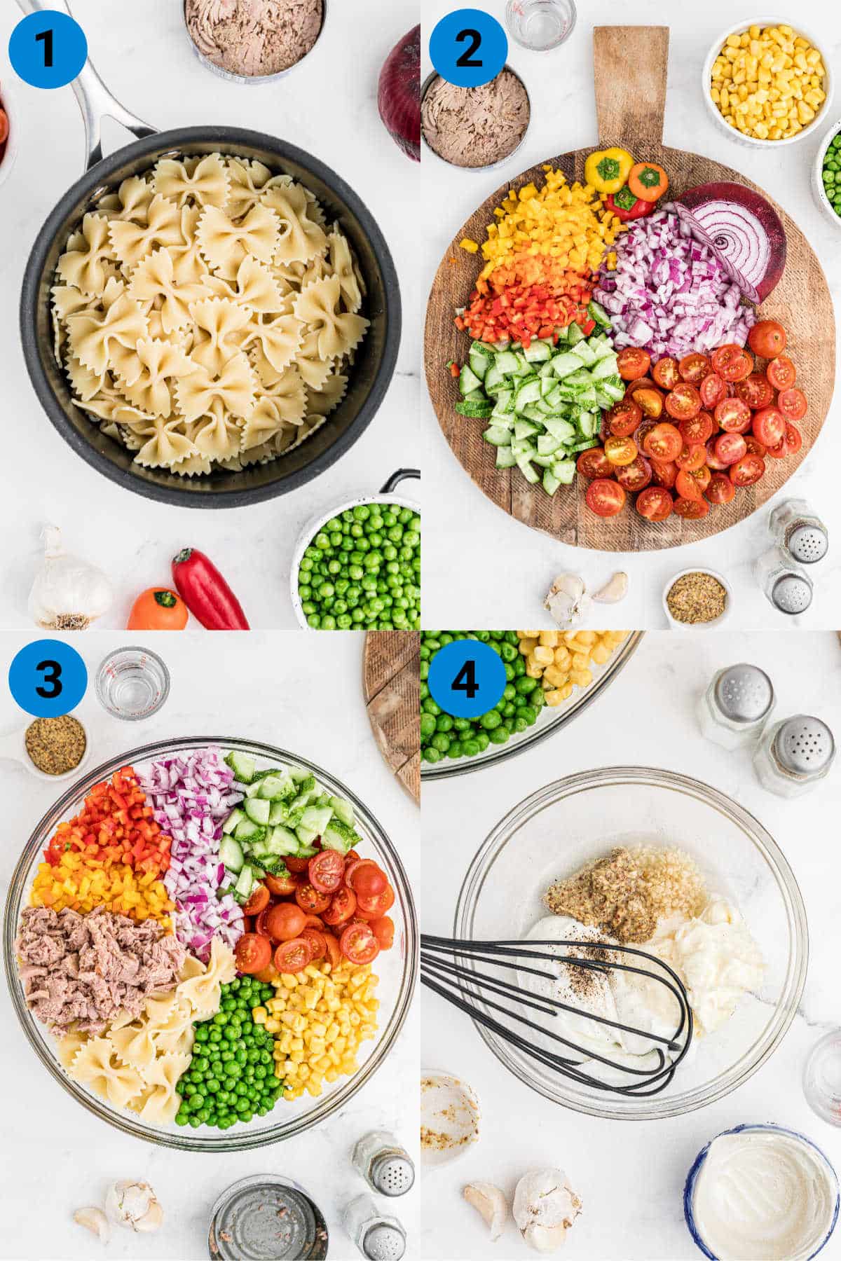 collage of four images showing how to make a tuna pasta salad
