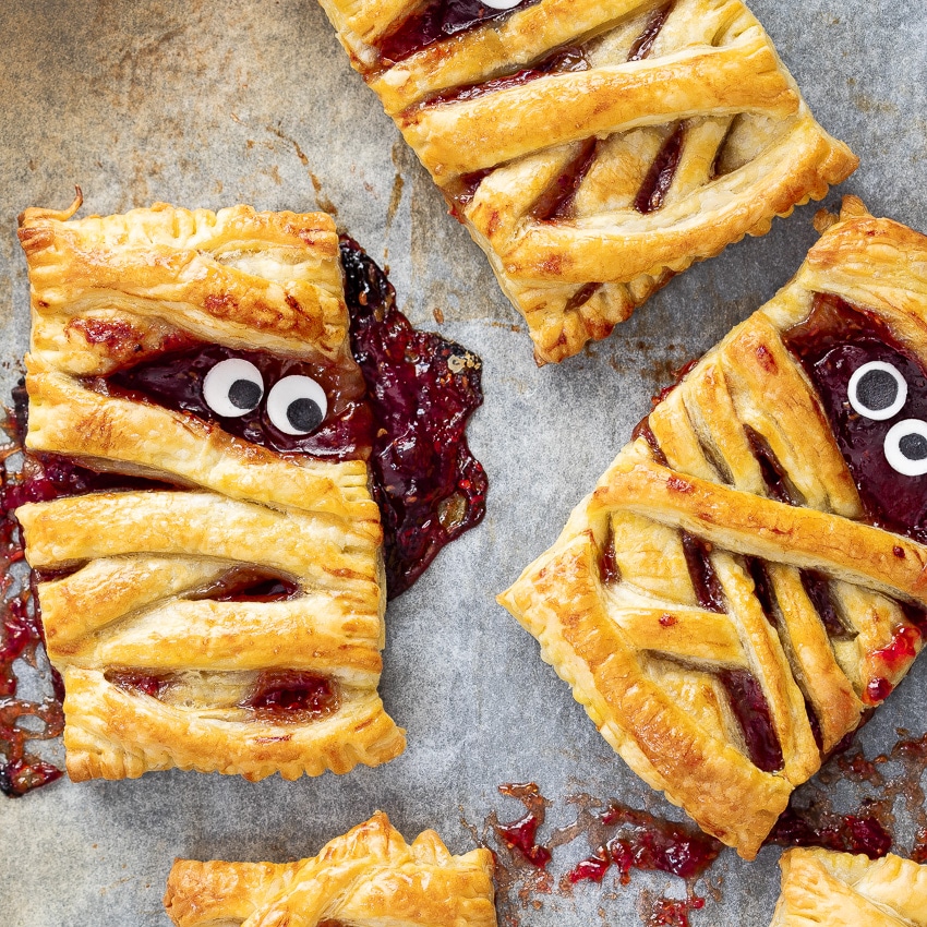 pies made from pastry made to look like mummies with eyeballs