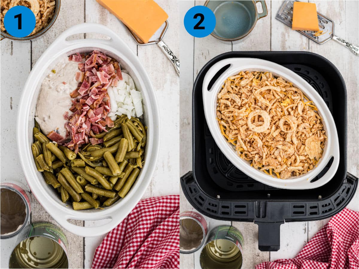 Two images showing the process steps for making a green bean casserole in the air fryer.