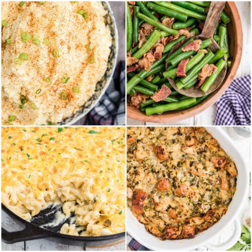 A collage of four images showing famous Cajun side dishes for Thanksgiving.