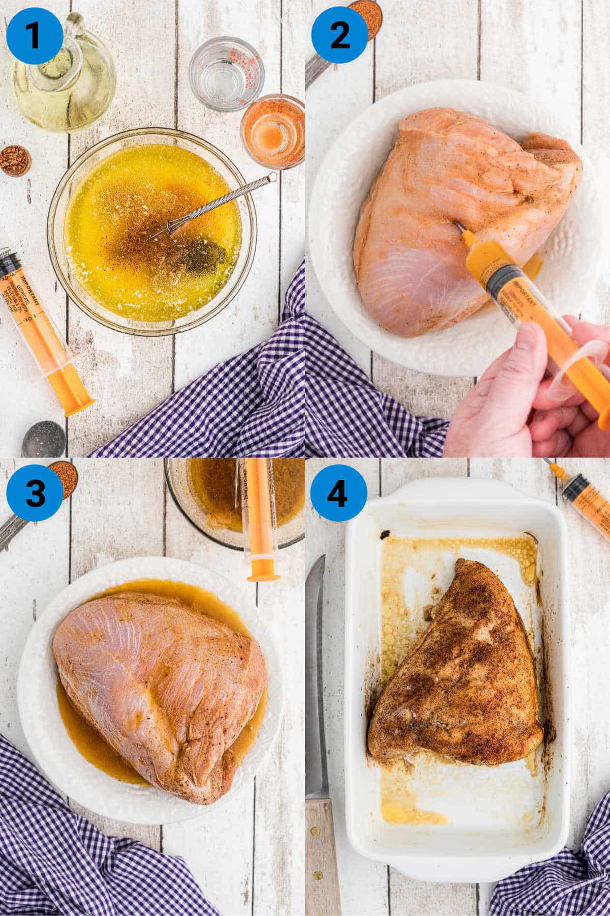 A collage of four images showing how to make a Cajun Turkey Injection recipe.