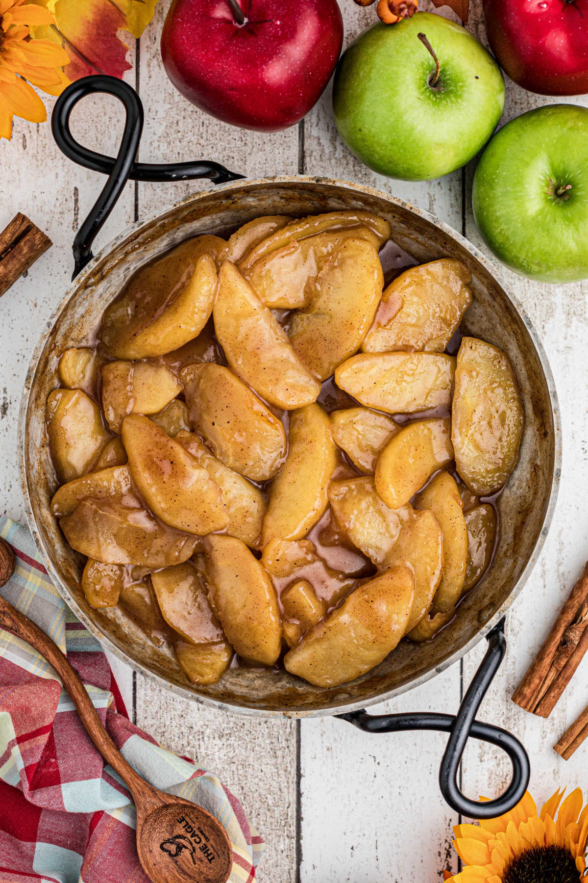 Overhead shot of a pan full of fried apples.