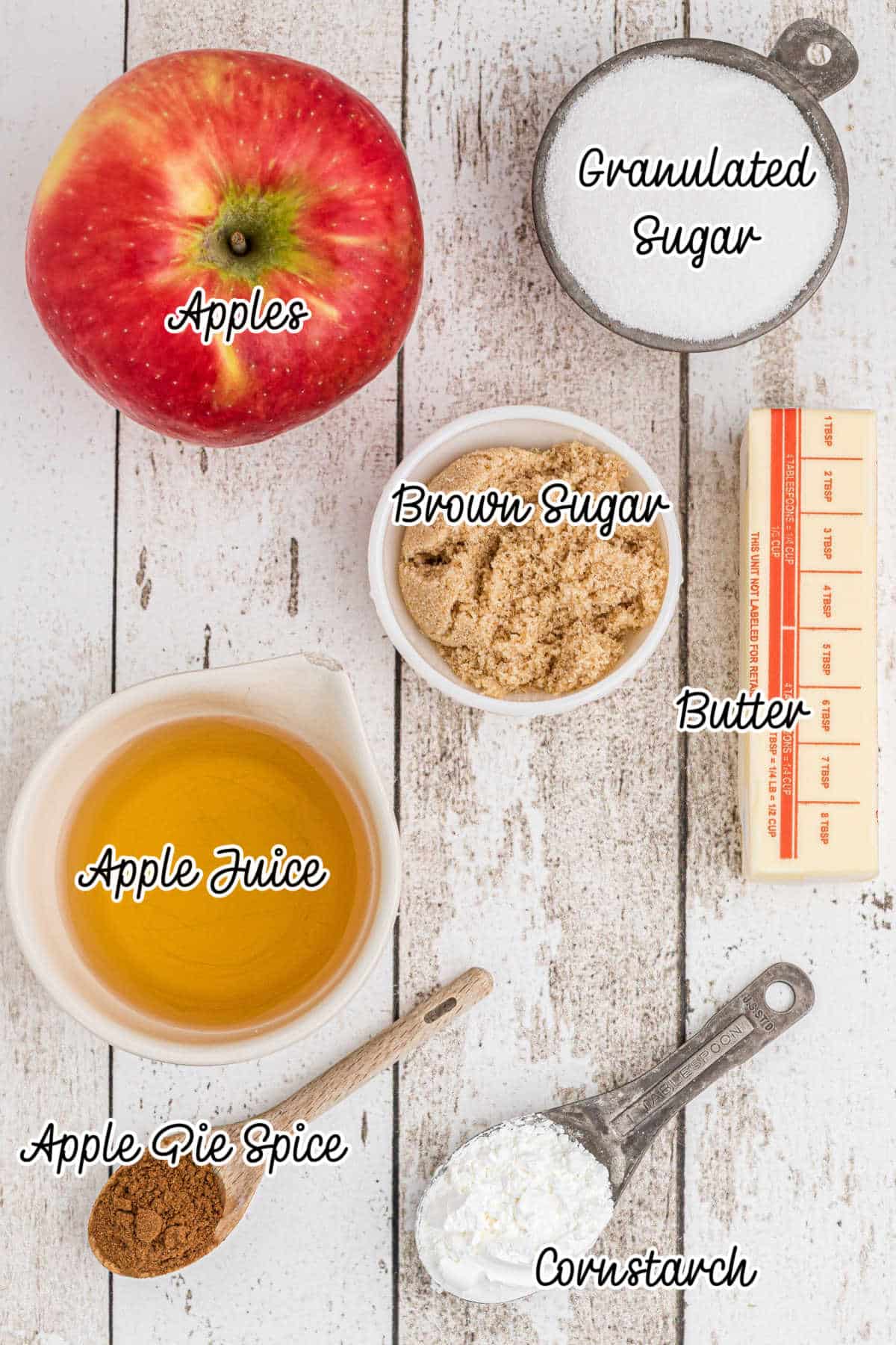 Ingredients needed for fried apples, laid out with text overlay.