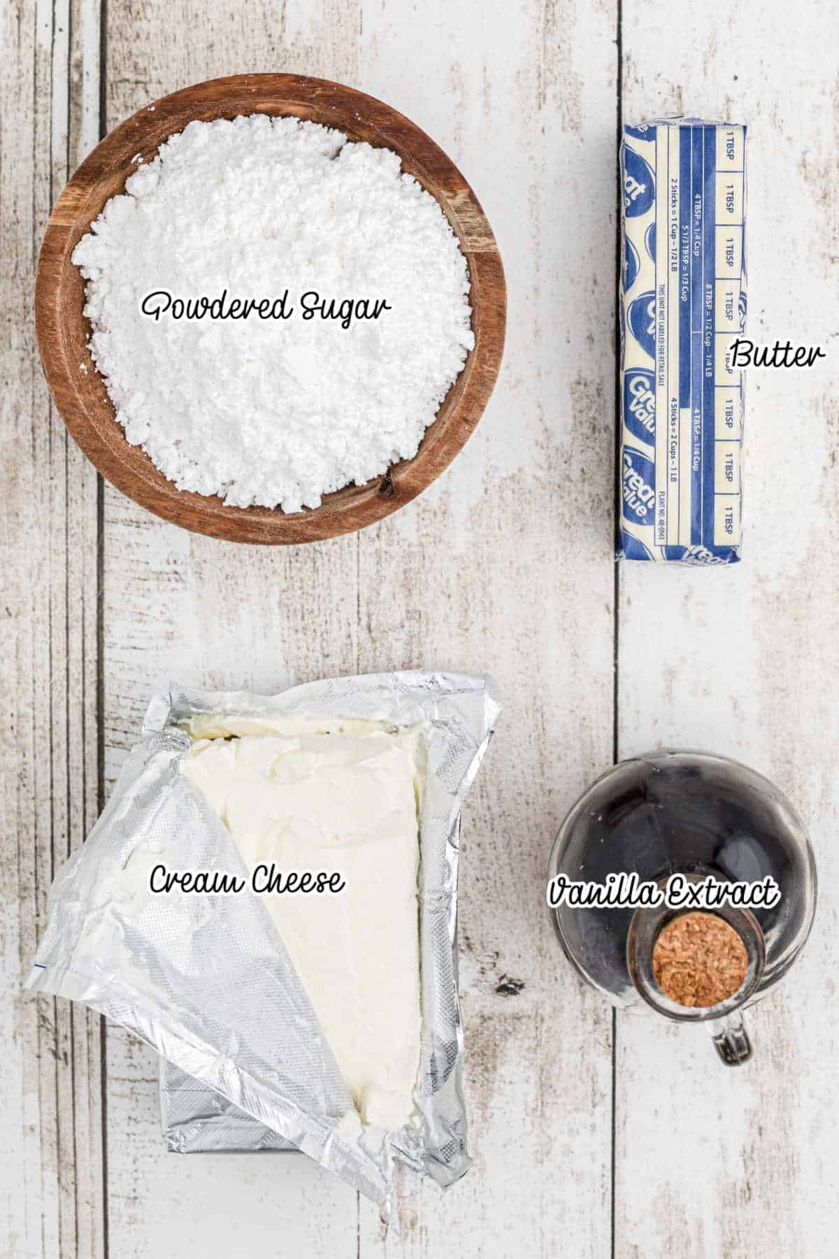 Overhead view of ingredients needed to make cream cheese frosting.
