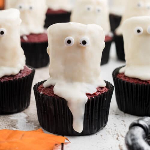 Close up of a ghost cupcake.