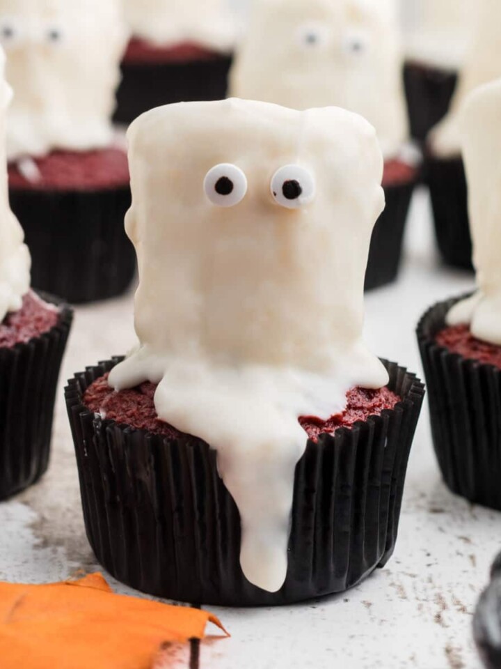 Close up of a ghost cupcake.