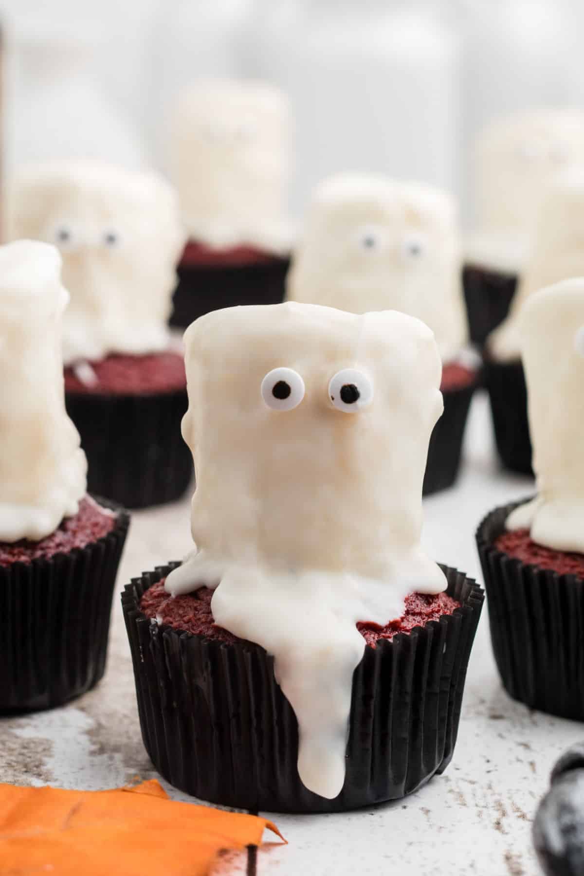 close up of a ghost cupcake made from marshmallow.