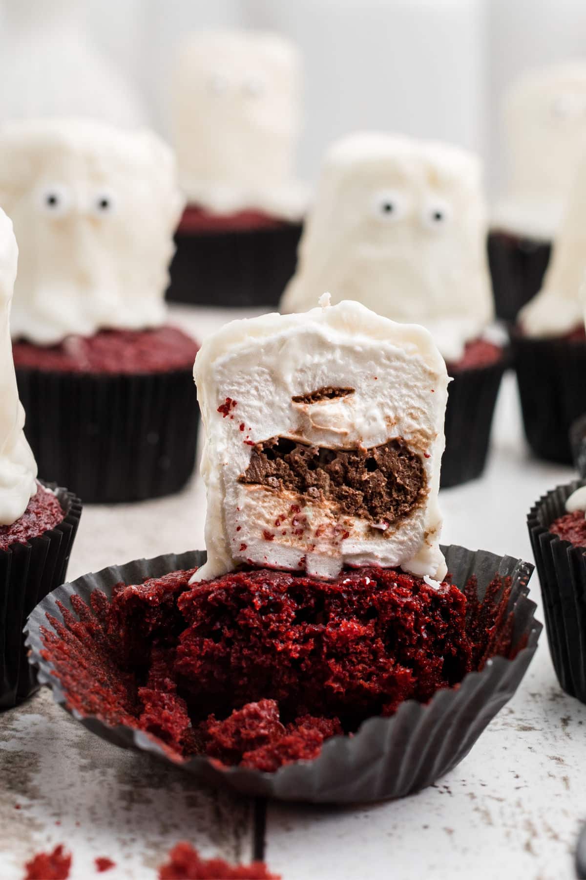 close up of the inside of a ghost cupcake.