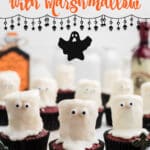 Image with ghost cupcakes and some text overhead for pinterest.