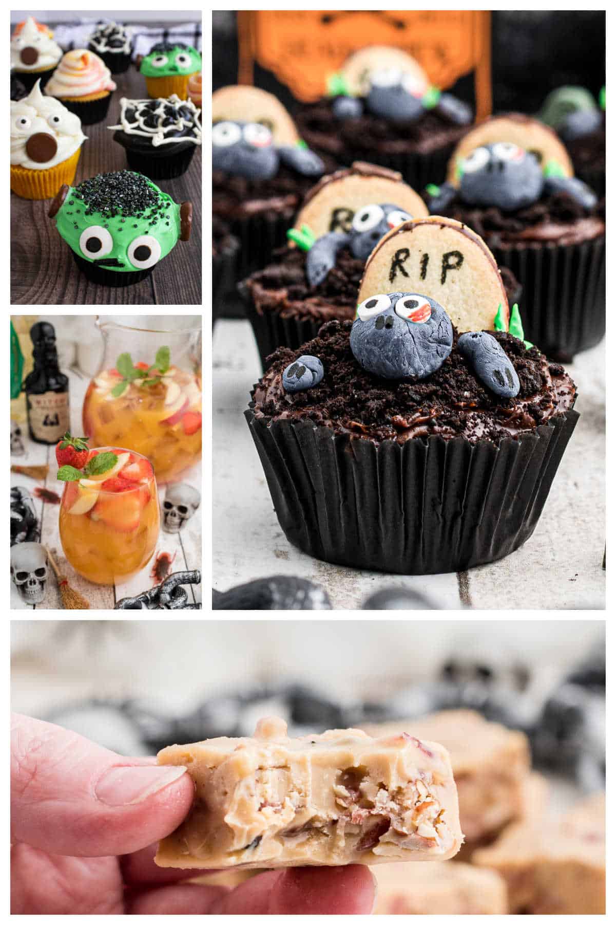 A collage of four images of halloween treats and halloween snacks.