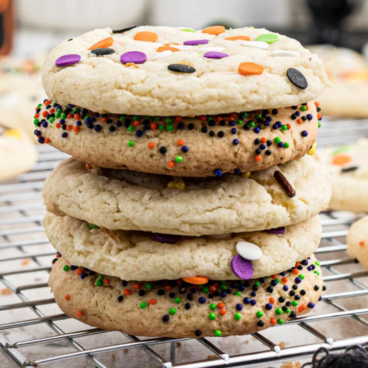 A stack of halloween cake mix cookies.