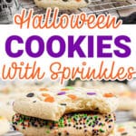 Long image with two pictures of halloween cookies with sprinkles with text overlay for pinterest.