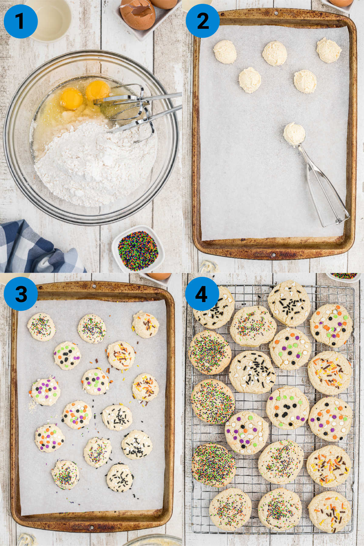 A collage of four images showing the steps necessary to make halloween cookies with sprinkles.