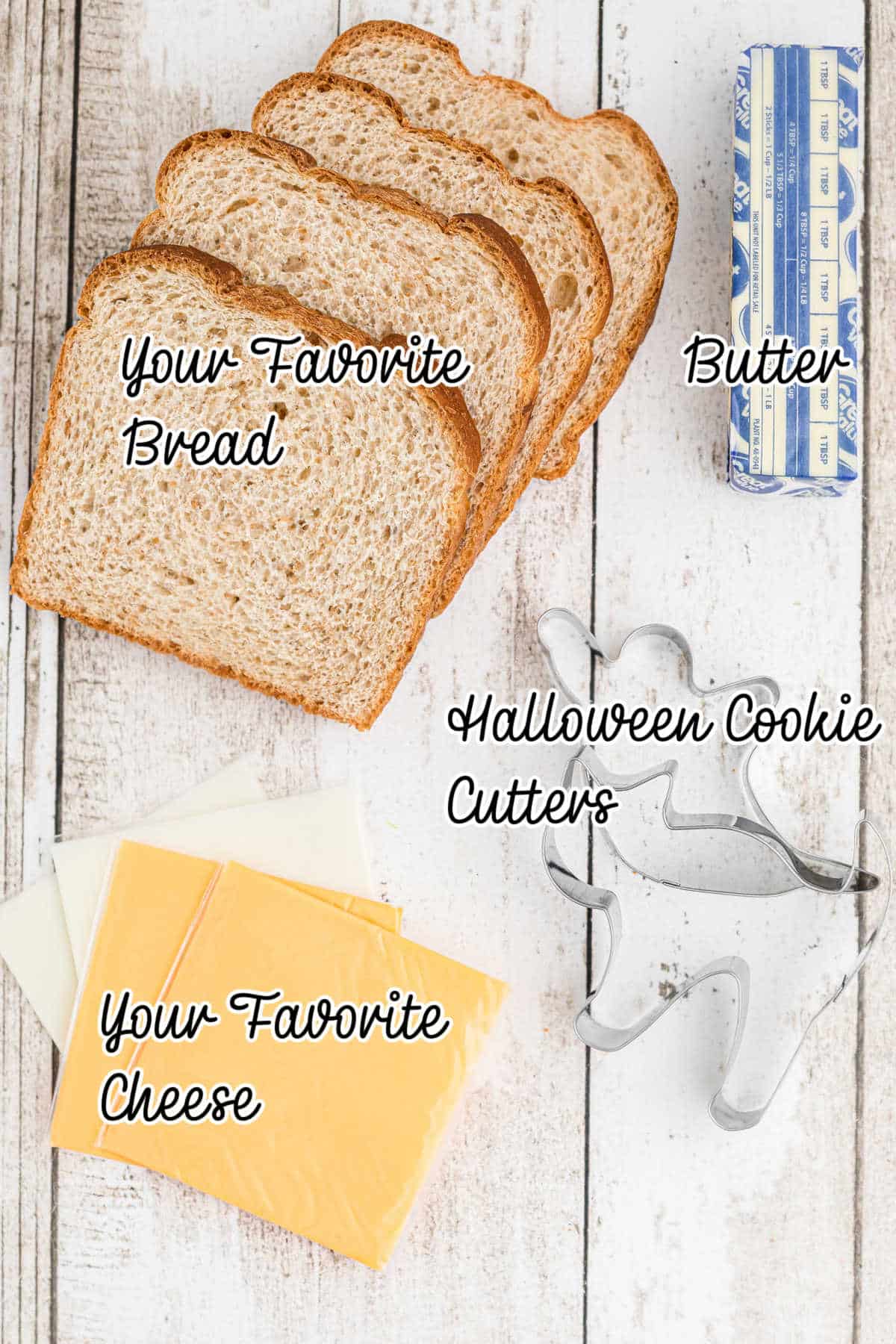 ingredients needed to make a halloween grilled cheese, with text overlay.