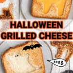 close up from overhead of two plates with halloween grilled cheese, one cat, one ghost.