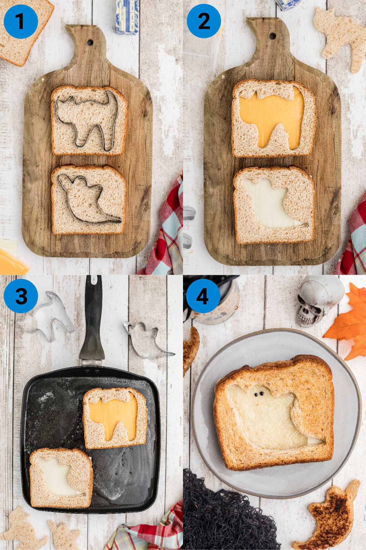 Collage of four images showing how to assemble a halloween grilled cheese sandwich.
