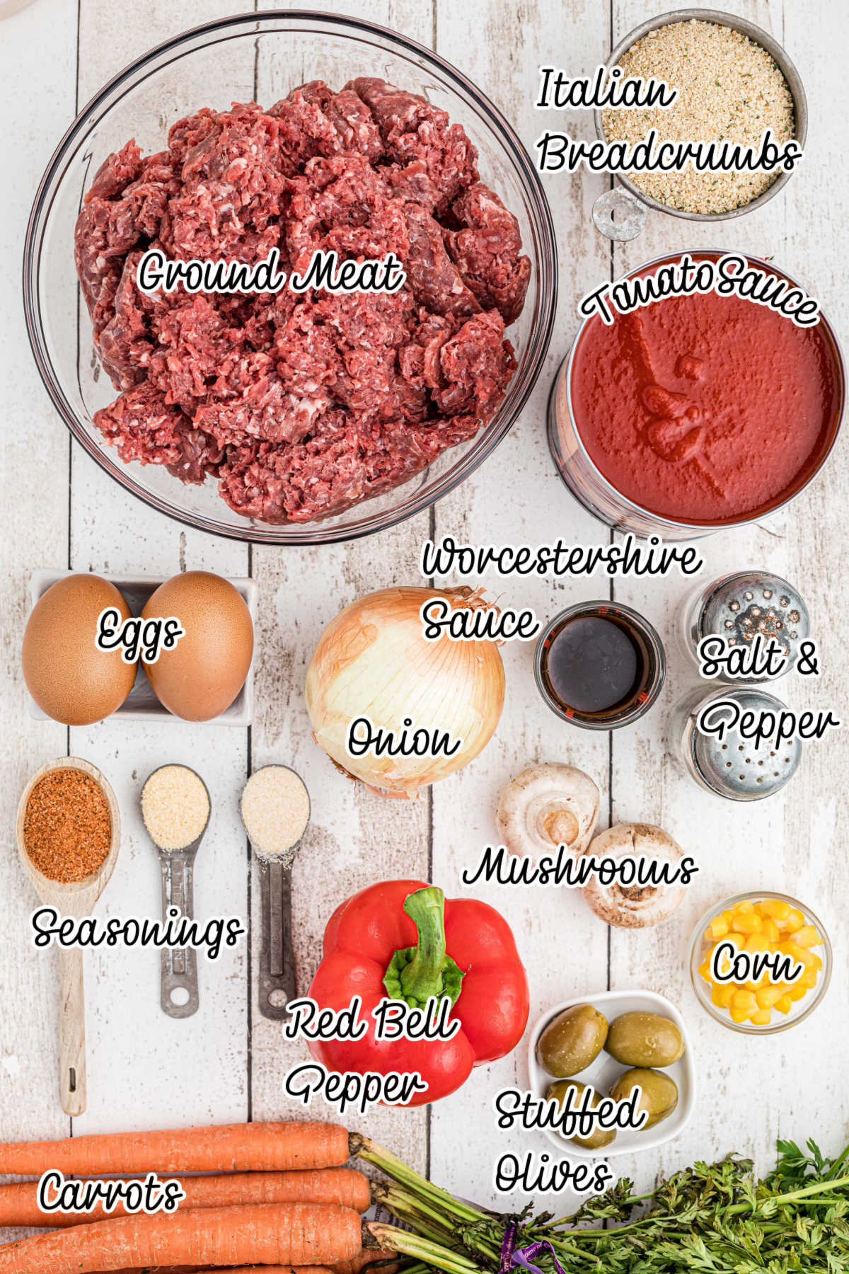 Ingredients needed to make a monster meatloaf with text overlay.
