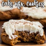 close up of a pumpkin spice cookie with a bite taken off - some text overlay for pinterest.