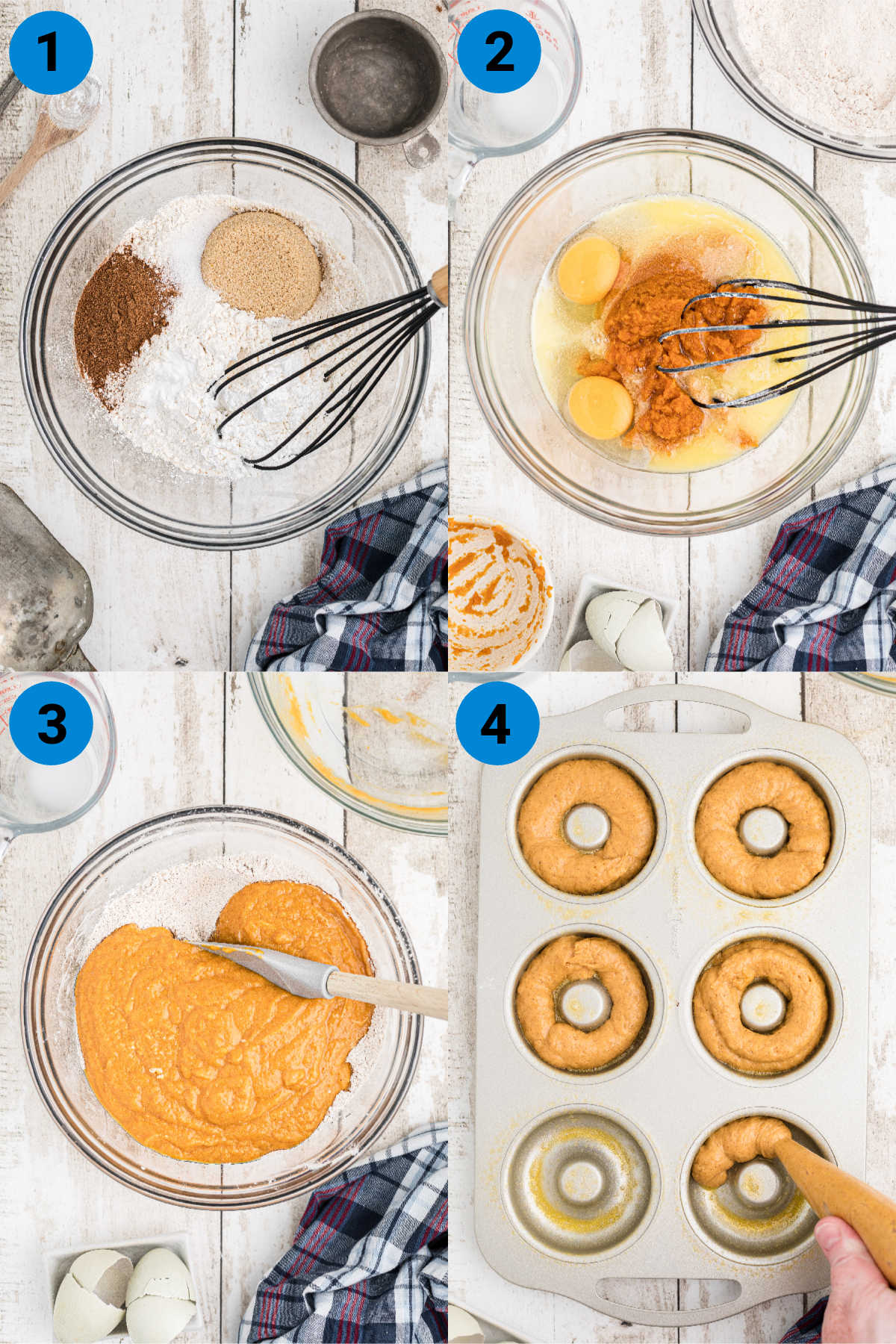 A collage of four images showing the recipe steps for pumpkin spice donuts.