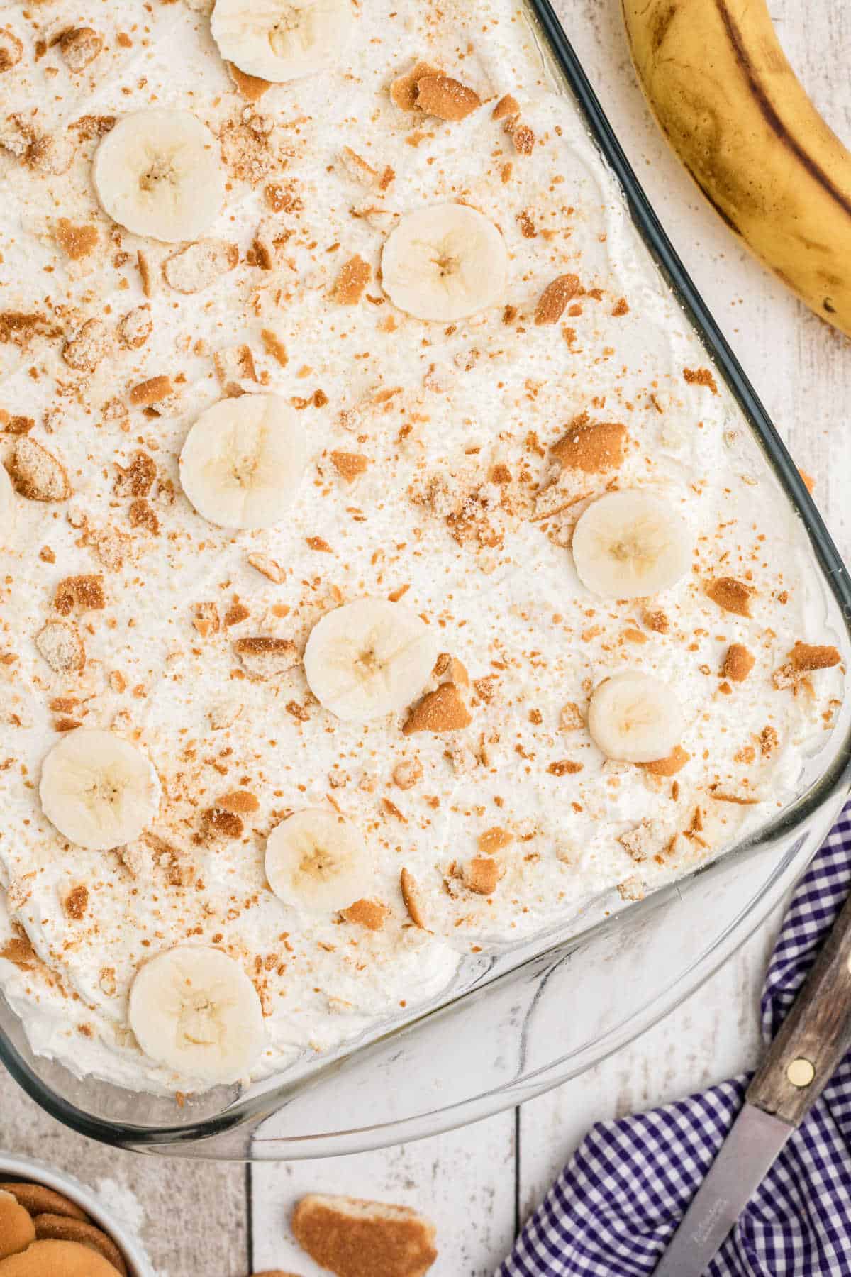 An overhead view of southern banana pudding in a casserole dish.