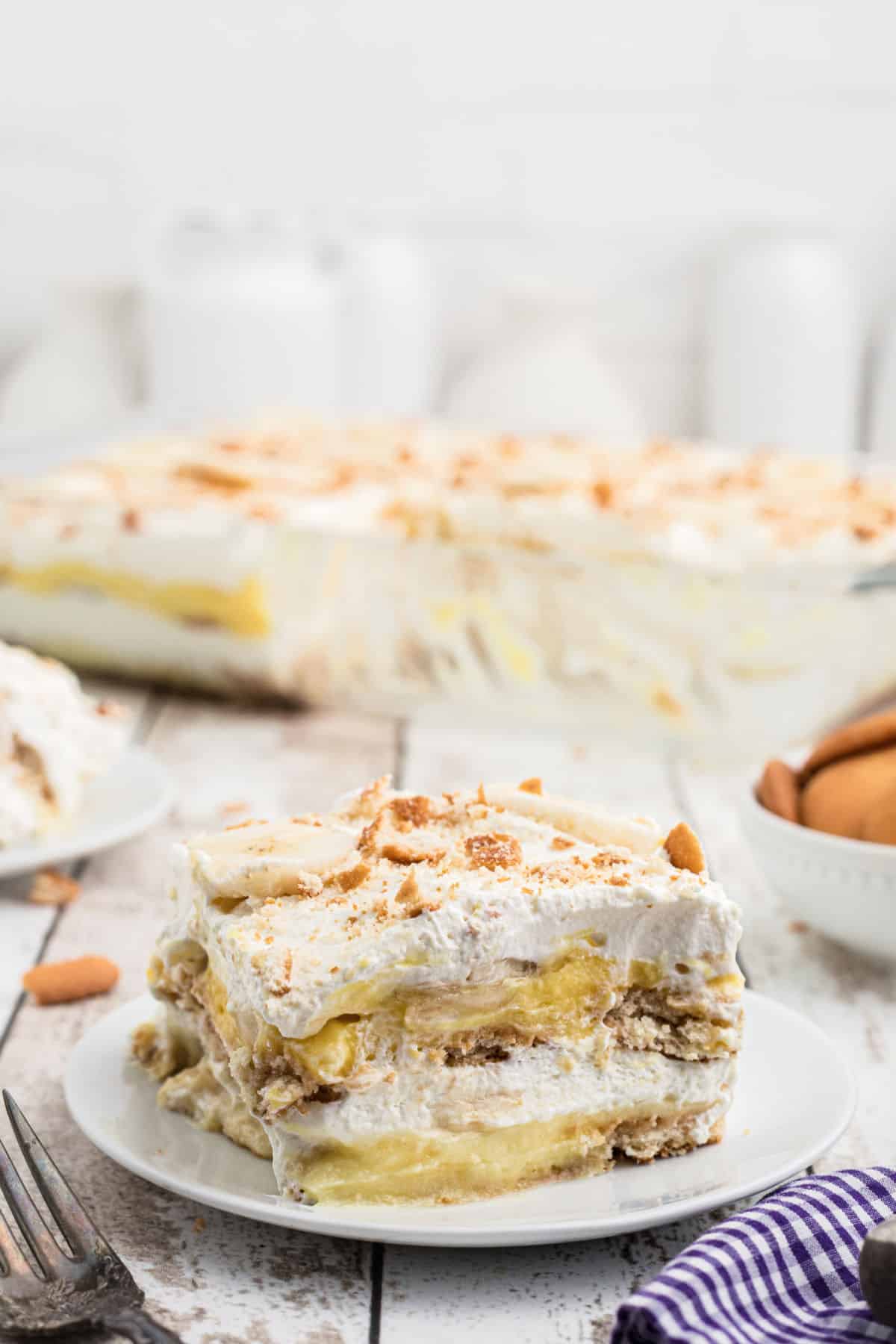 A dished up piece of no bake banana pudding.