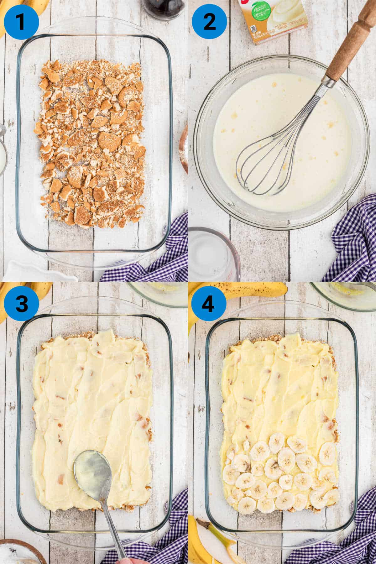 collage of four images showing how to make this easy no bake banana pudding recipe - steps 1 to 4.