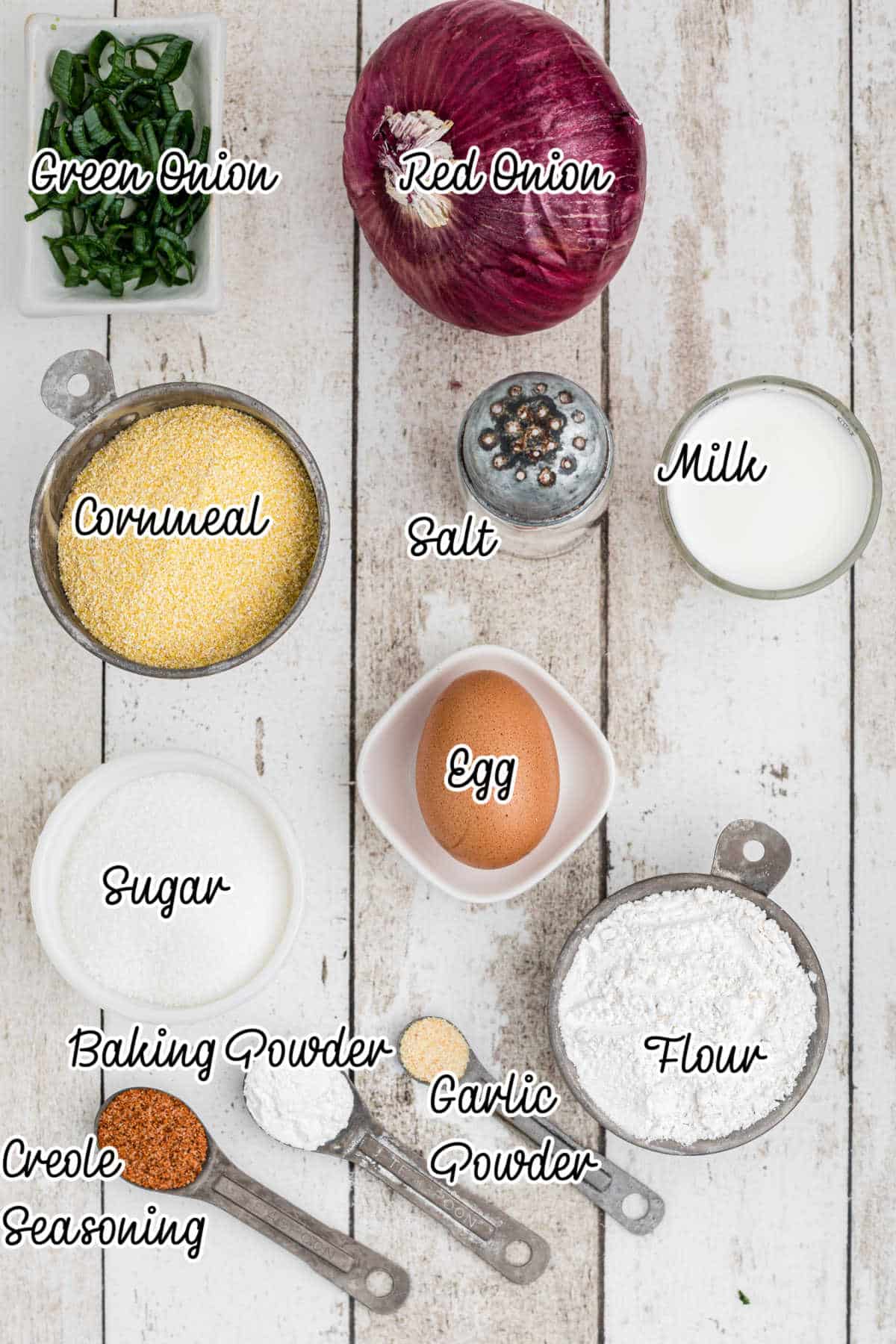 Ingredients needed to make southern sweet hush puppies, with text overlay.