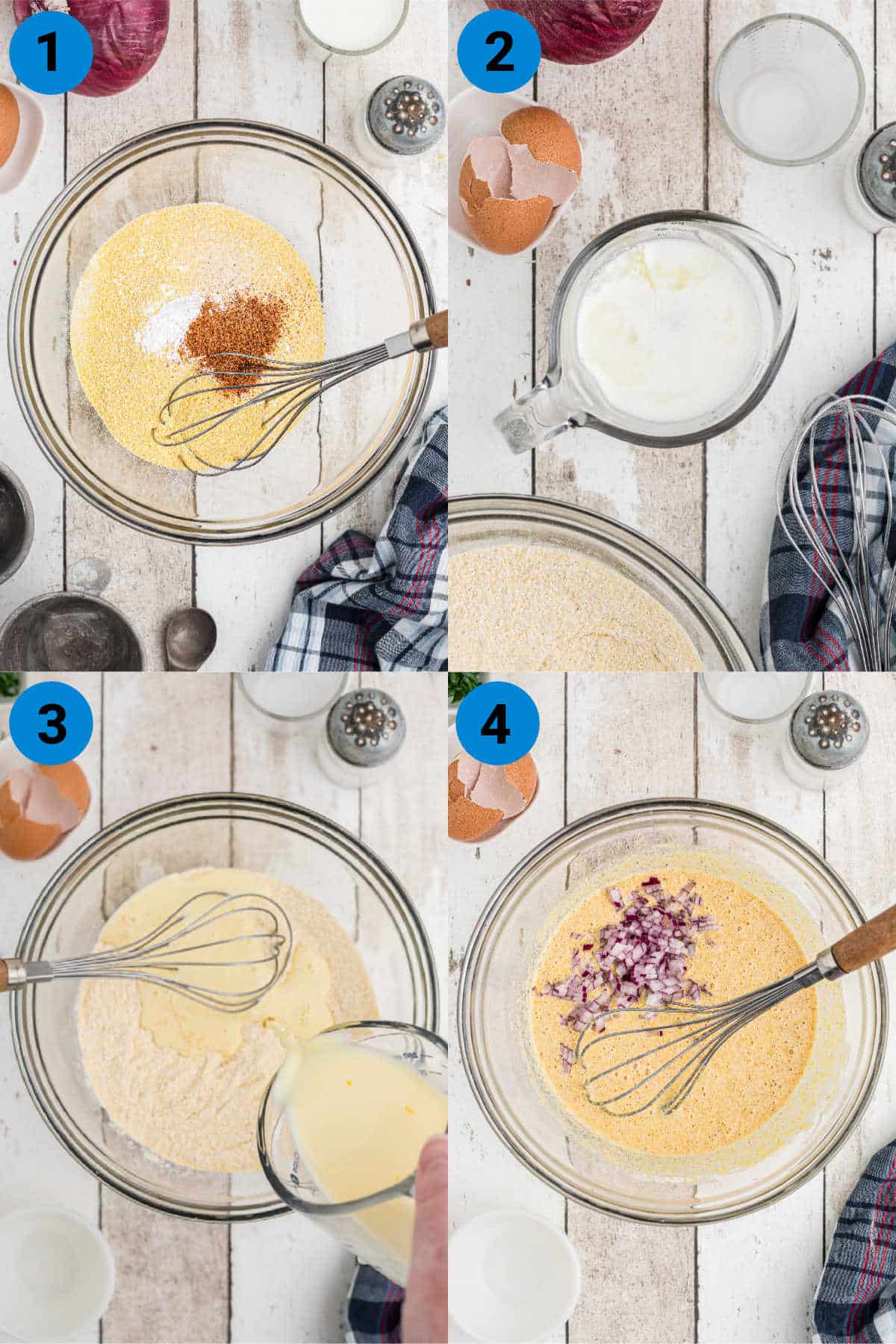 Collage of four images showing how to make southern hush puppies.