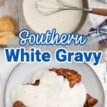 Two images of southern white gravy, the top image is of it in the pot, the bottom image is of it over a pork chop.