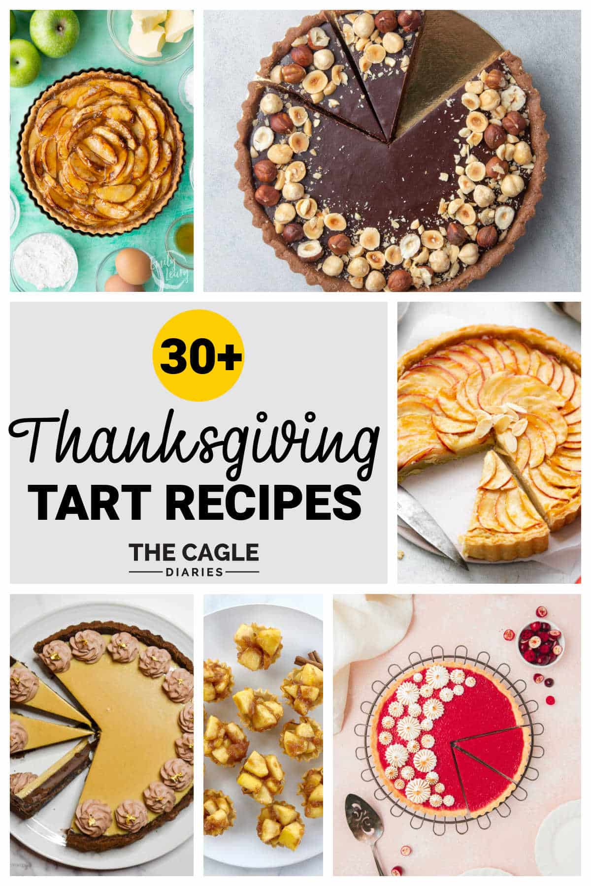 A collage of 6 images showing tart recipes for Thanksgiving.
