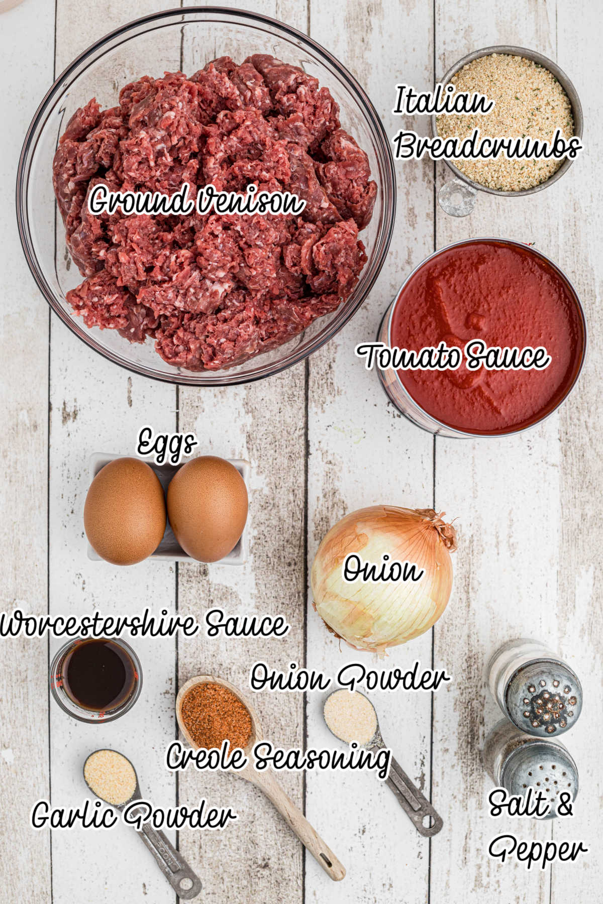 Overhead shot of ingredients needed to make Venison meatloaf recipe.