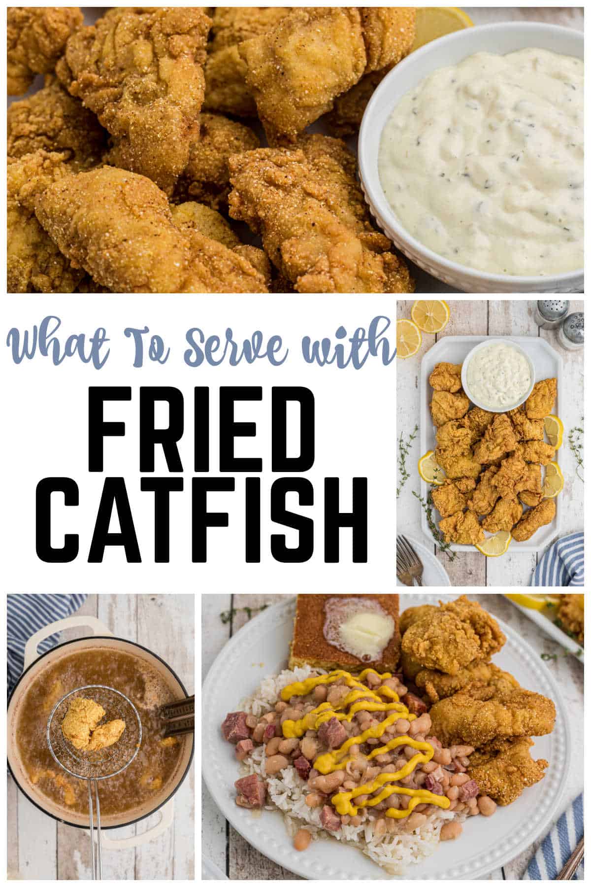 A collage of four images of fried catfish with a text overlay title.