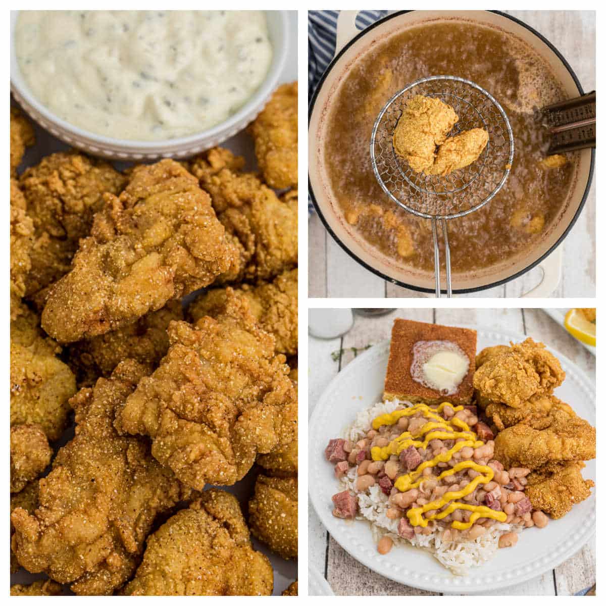 A collage of three images of what to serve with fried catfish.